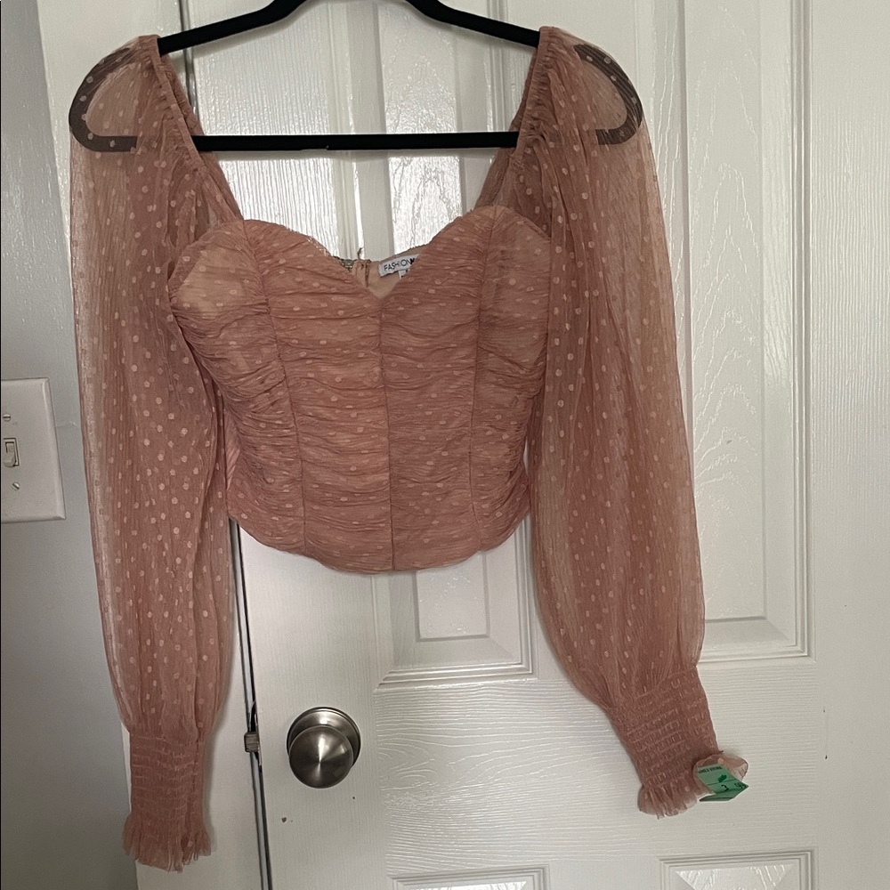 Fashion Nova Blush Sheer polka dot puff sleeve Blouse